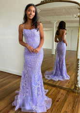 Julie | Glitter Lilac Purple Mermaid Spaghetti Strap Prom Dress with Train - Lilac - PromDressClub